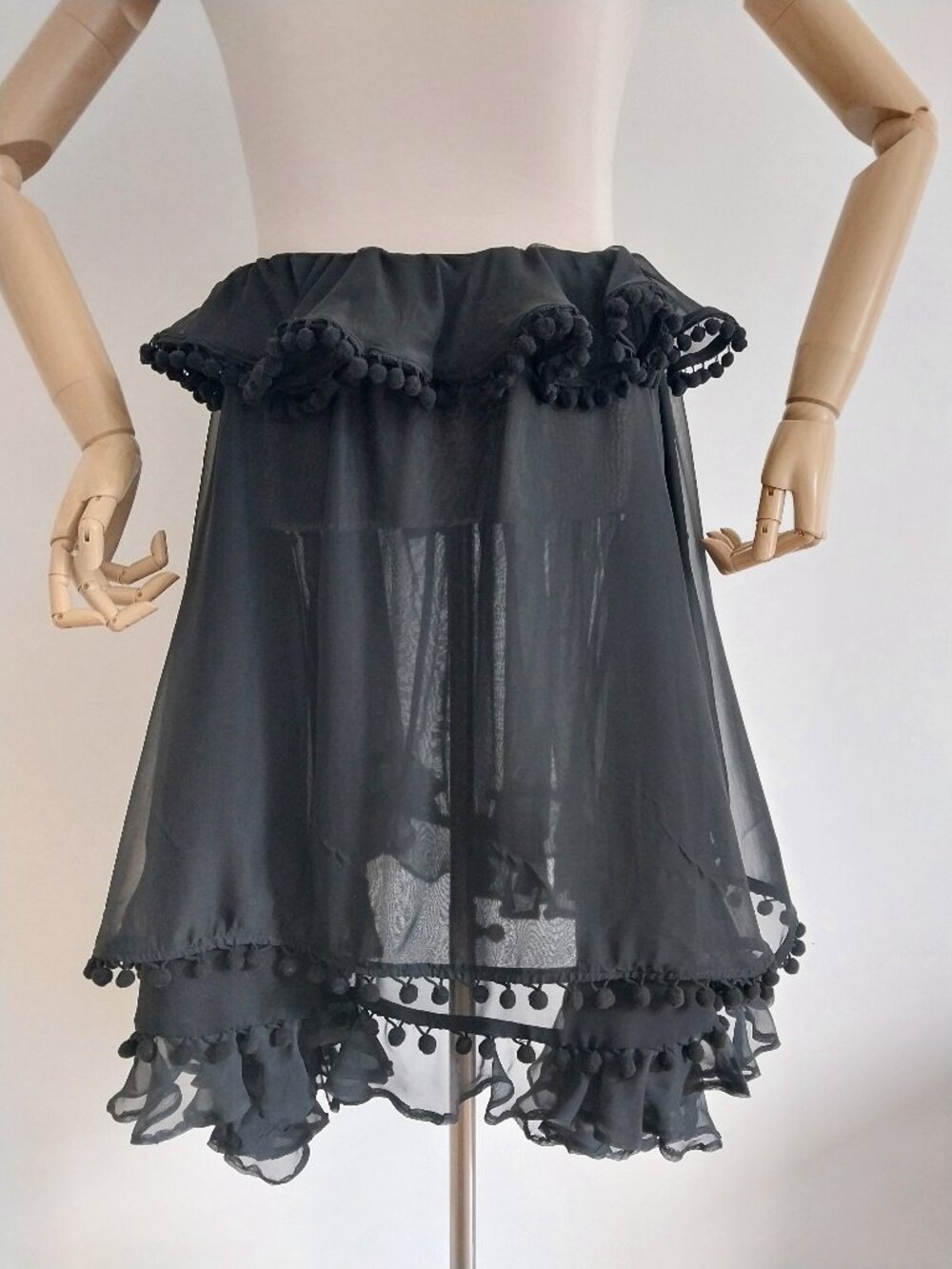 Layered Black Chiffon Pom Pom Bustle Skirt